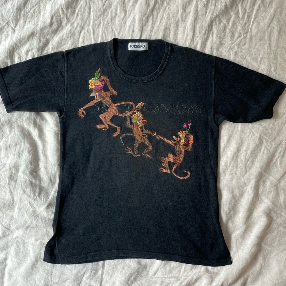ICEBERG 1990s Save The Amazon embroidered monkeys short sleeves sweater shirt